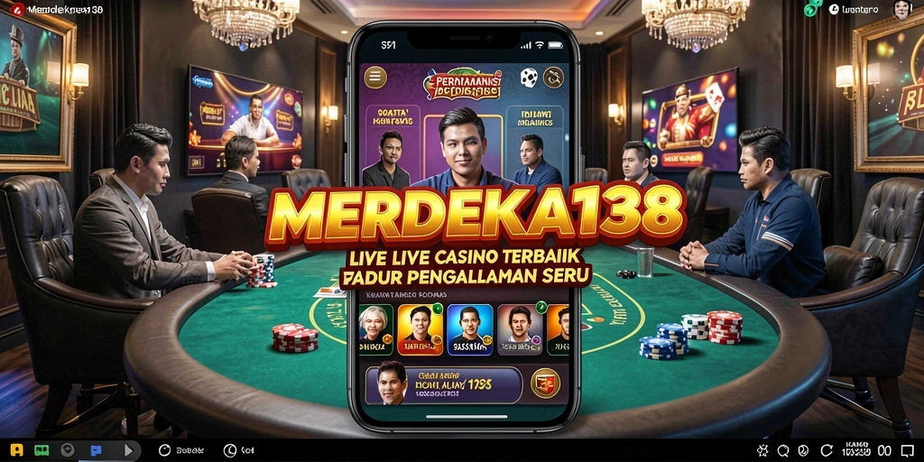 Screenshot MERDEKA138 menampilkan dealer langsung dan suasana permainan kasino yang dinamis.