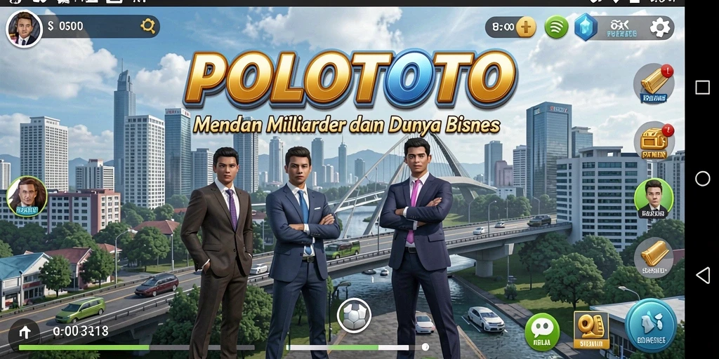 Screenshot utama POLOTOTO menampilkan gameplay seru di dunia bisnis.